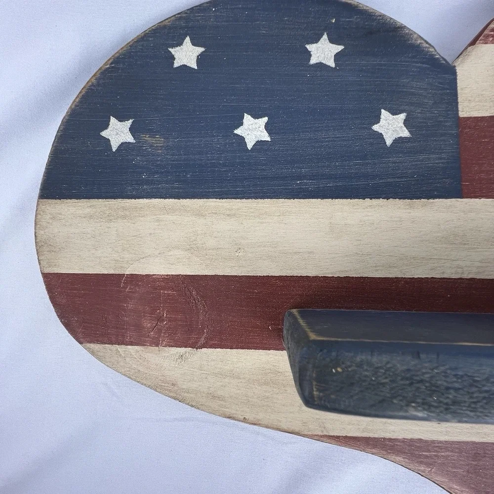 Primitive Americana Heart Wall Shelf Distressed Flag Wood Display Rustic Decor